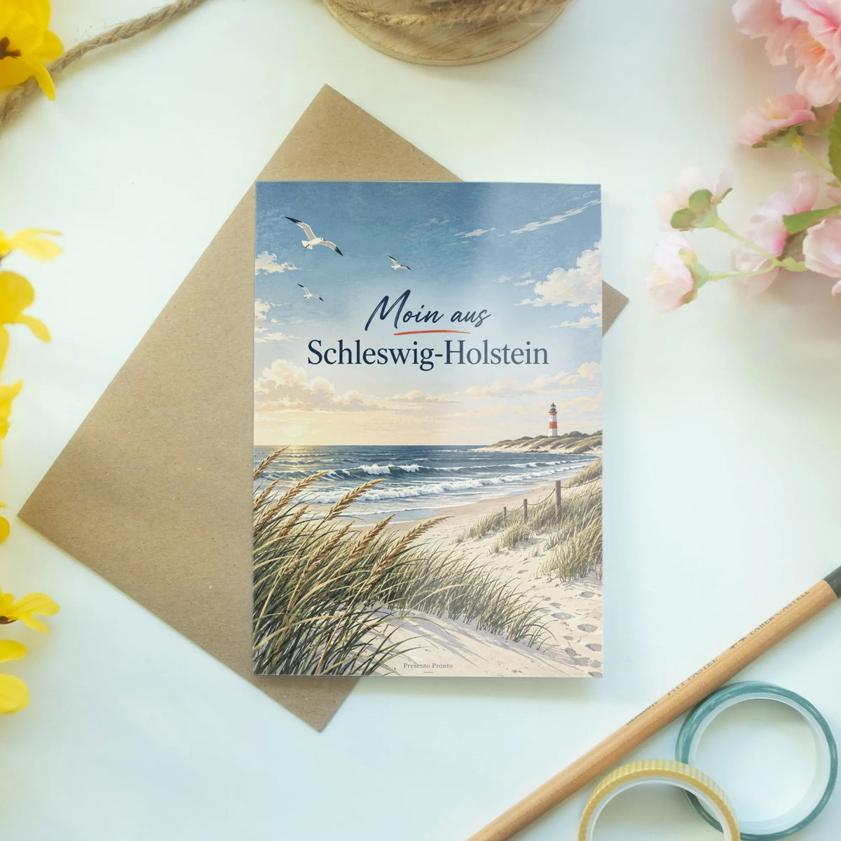 Herzliche Grußkarte aus Schleswig-Holstein mit Leuchtturm