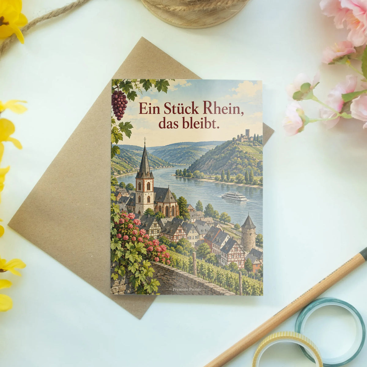 Nostalgische Grußkarte aus Bacharach mit Fachwerkhäusern am Rhein