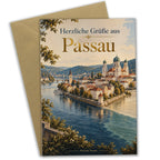 Elegante Grußkarte aus Passau mit historischer Altstadt|p:2023513|h:4e62a23ce637ae50e71110fc65a708fd