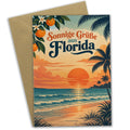Sonnige Urlaubsgrüße aus Florida mit Palmen-Sonnenuntergang