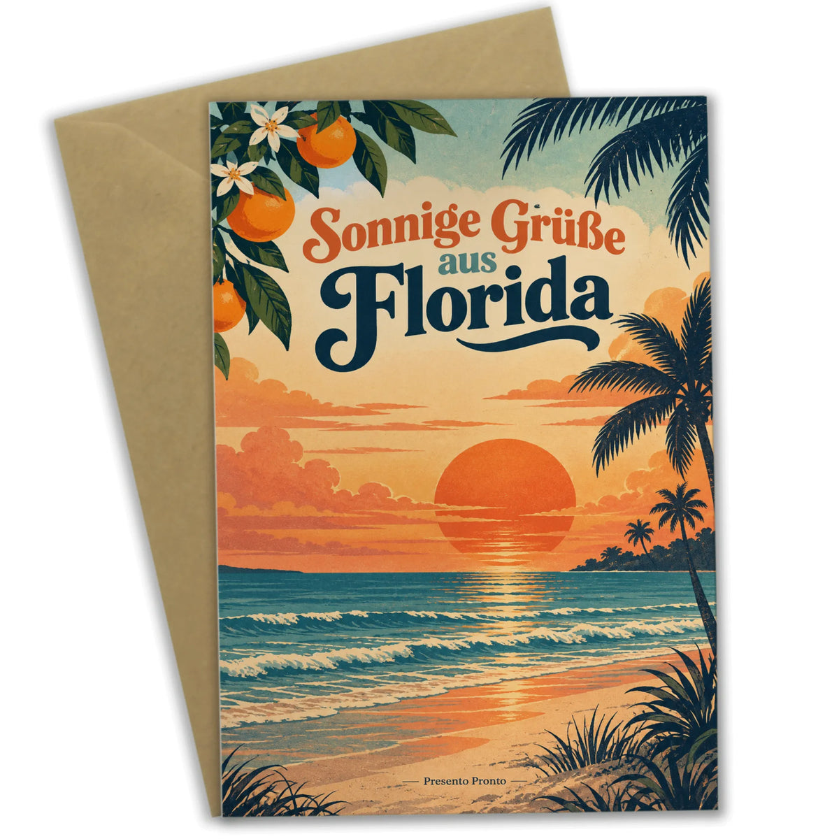 Sonnige Urlaubsgrüße aus Florida mit Palmen-Sonnenuntergang