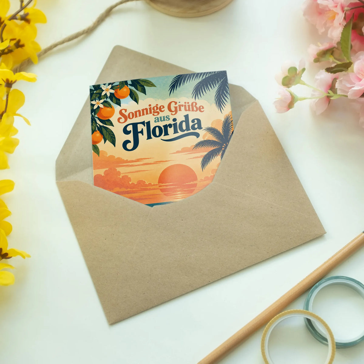 Sonnige Urlaubsgrüße aus Florida mit Palmen-Sonnenuntergang