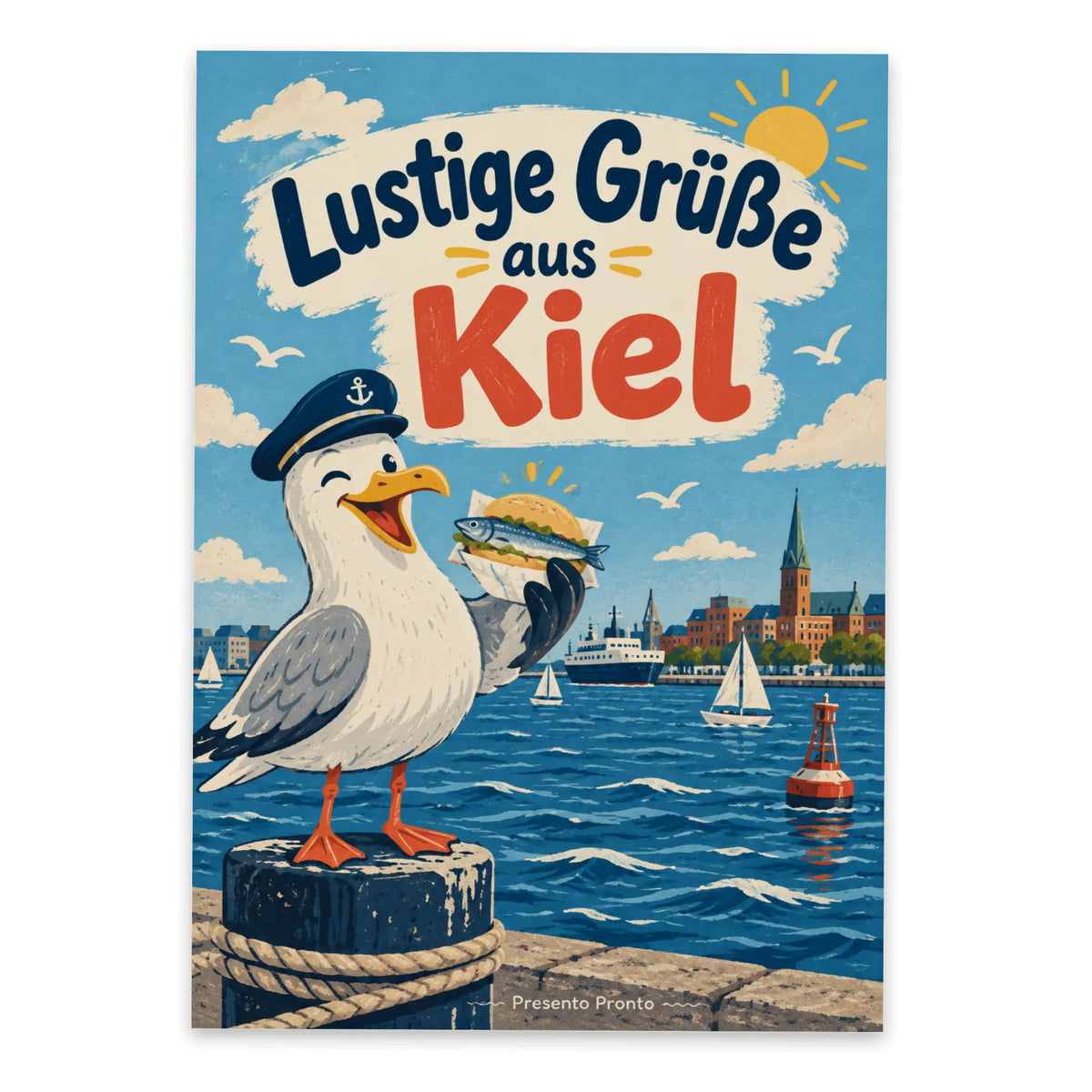 Lustige Grüße aus Kiel Postkarte mit Möwe