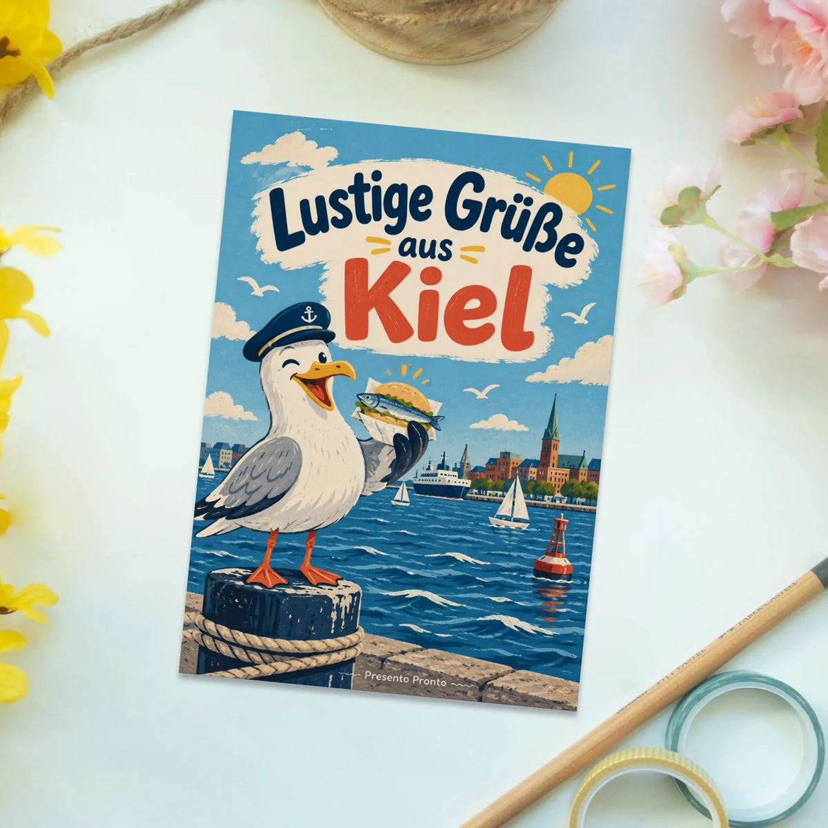 Lustige Grüße aus Kiel Postkarte mit Möwe
