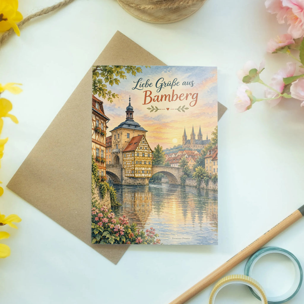 Romantische Grußkarte aus Bamberg mit Altstadt am Abend|p:2023524|h:a0245b1165d93a9bea1c6a57f9856734