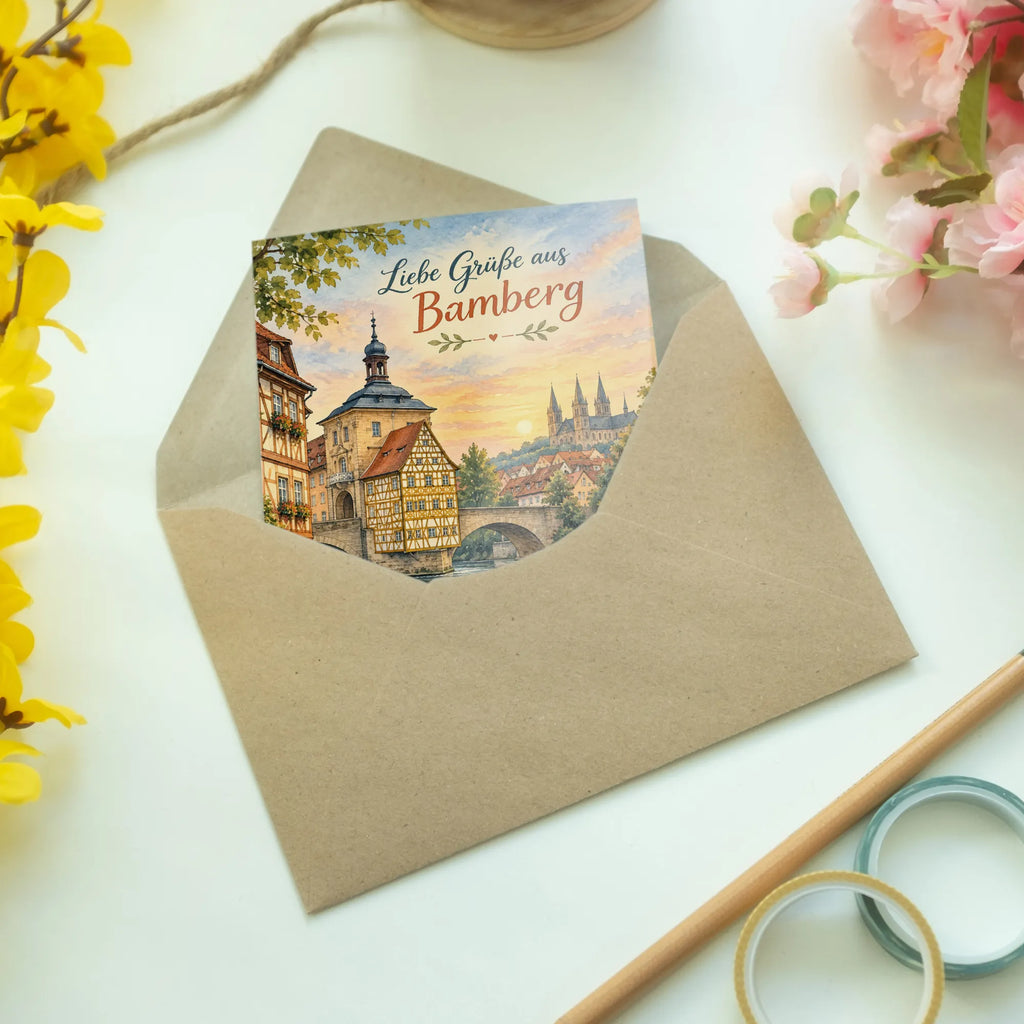 Romantische Grußkarte aus Bamberg mit Altstadt am Abend|p:2023524|h:02869200ed7fb973d9abaf70972777b1