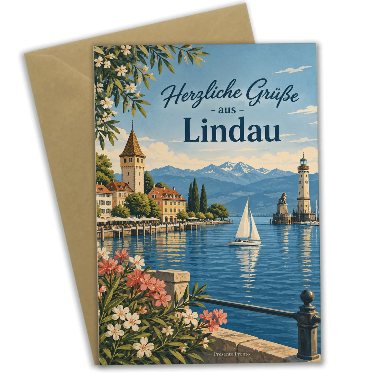 Herzliche Grußkarte aus Lindau mit Seepanorama
