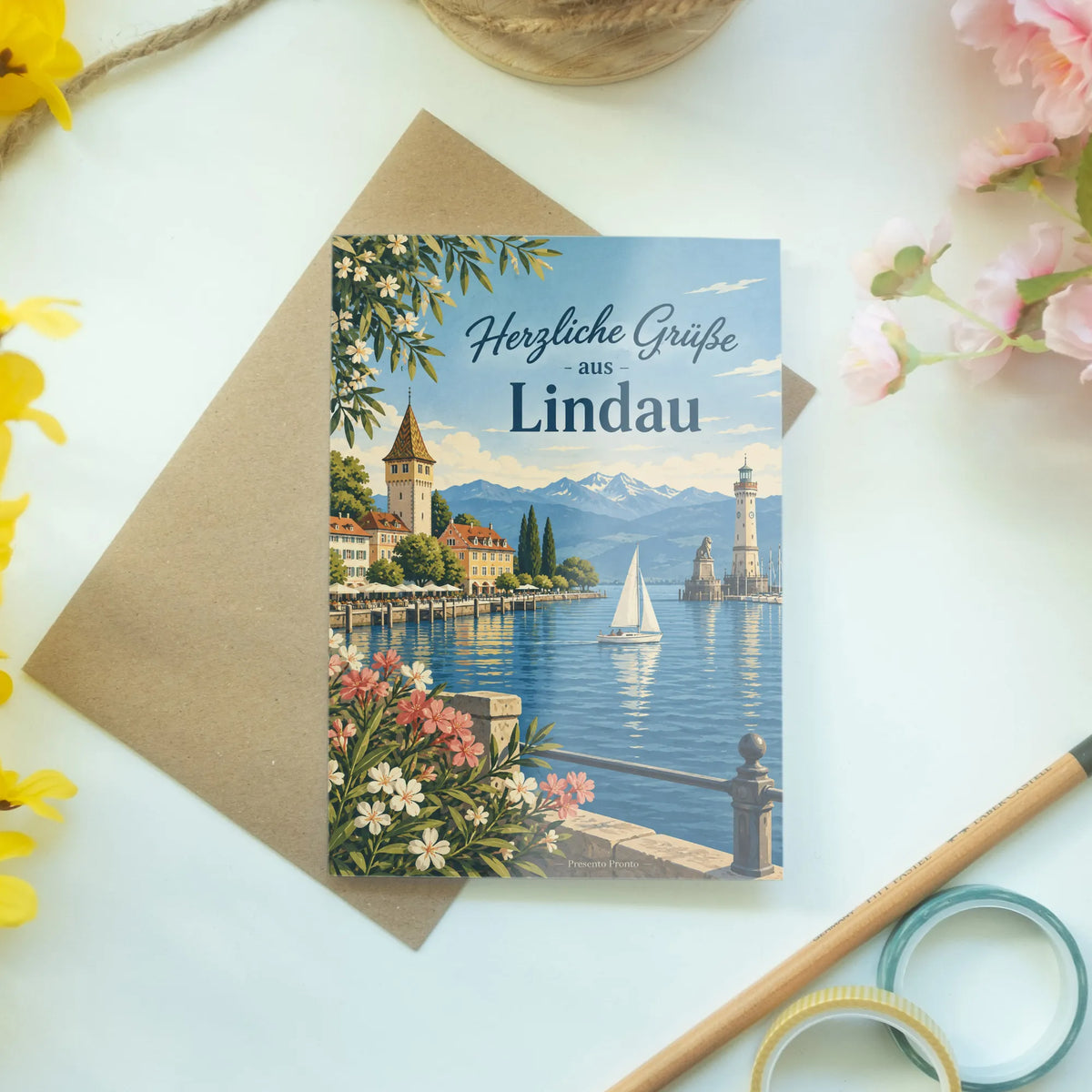 Herzliche Grußkarte aus Lindau mit Seepanorama