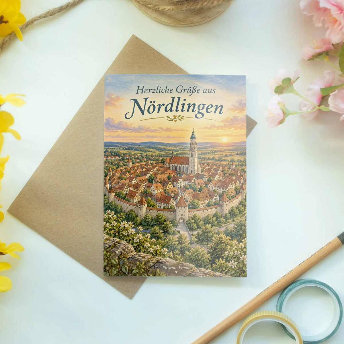 Herzliche Grußkarte aus Nördlingen mit Altstadt und Danielkirchturm