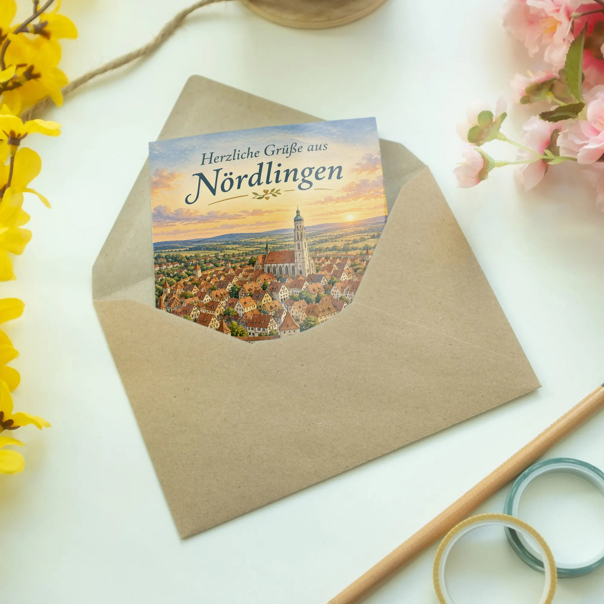 Herzliche Grußkarte aus Nördlingen mit Altstadt und Danielkirchturm