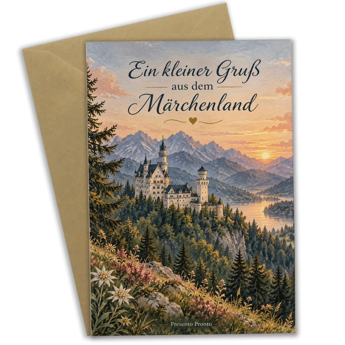 Romantische Urlaubsgrußkarte Schloss Neuschwanstein bei Sonnenuntergang