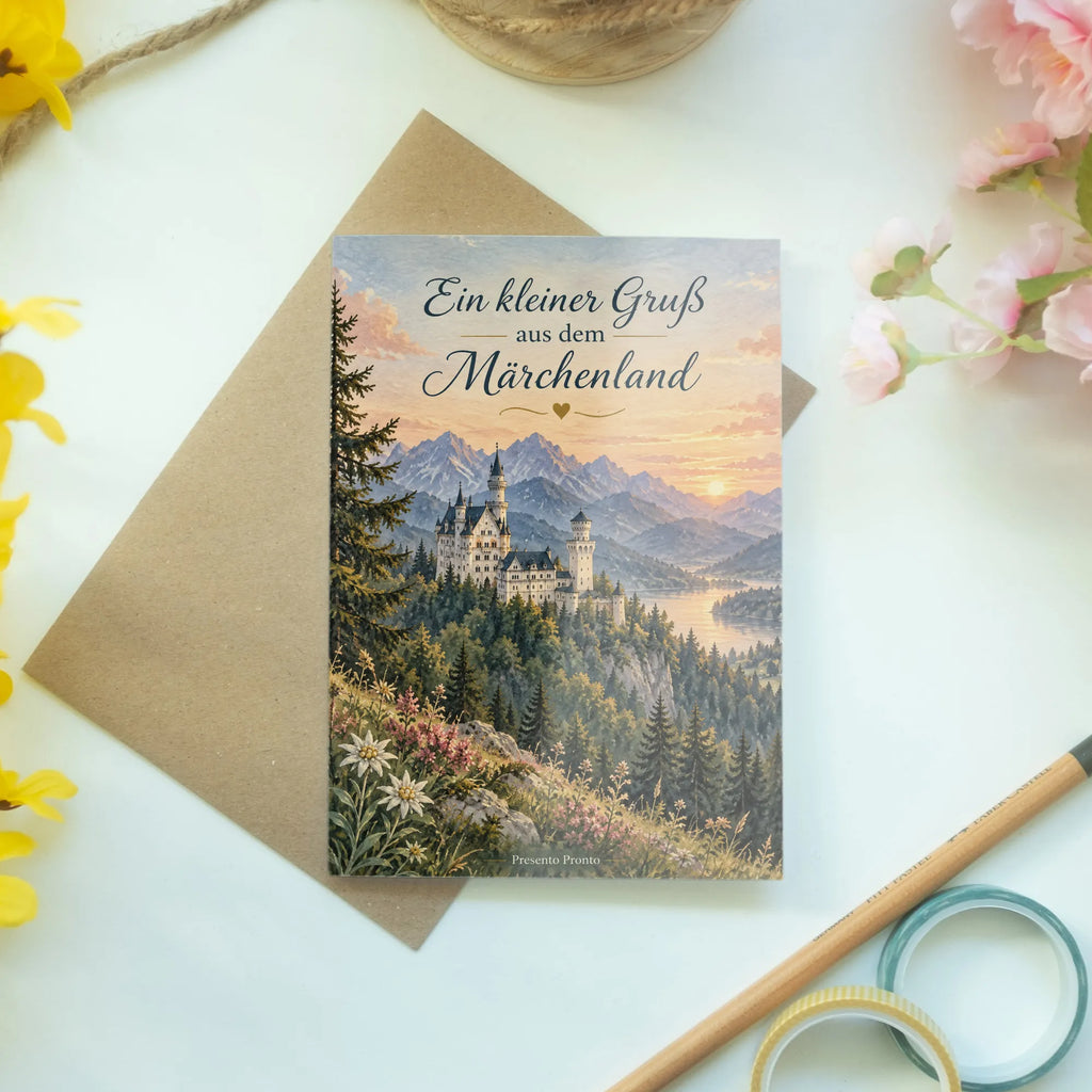 Romantische Urlaubsgrußkarte Schloss Neuschwanstein bei Sonnenuntergang|p:2023531|h:525a91f22f7c291a67318f181735ec60