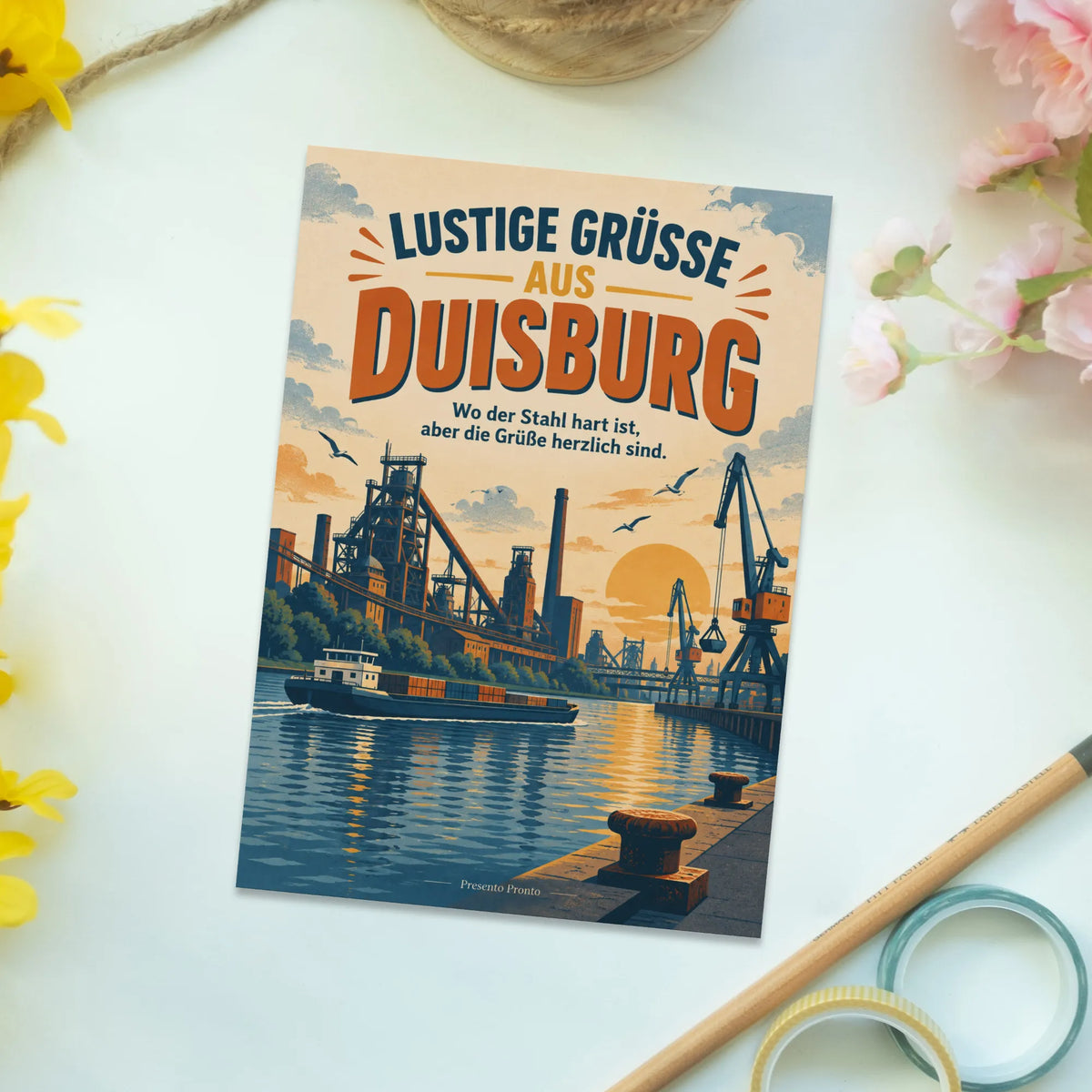 Lustige Postkarte Grüße aus Duisburg mit Hafenszene