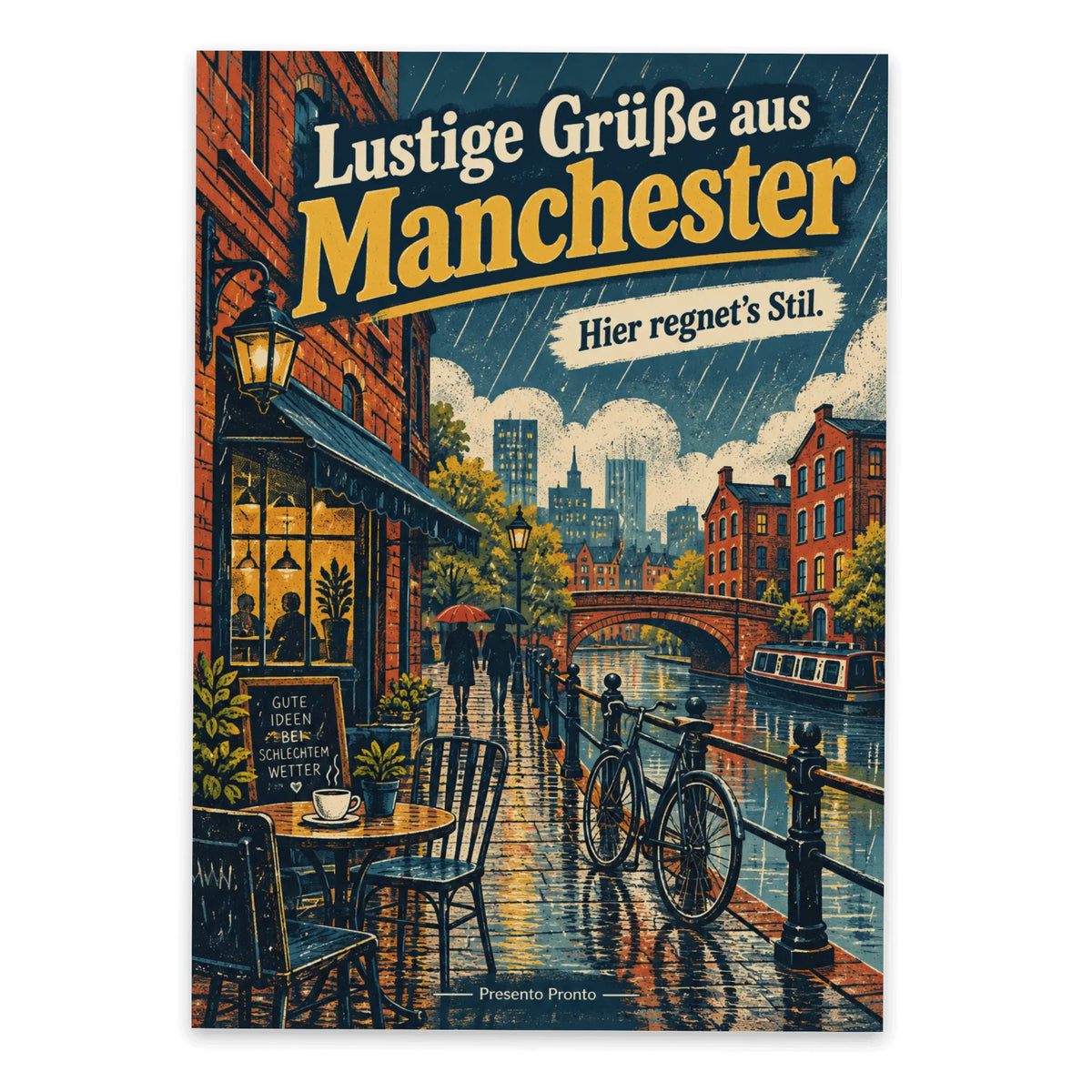 Lustige Grüße aus Manchester Postkarte mit Regenschirm
