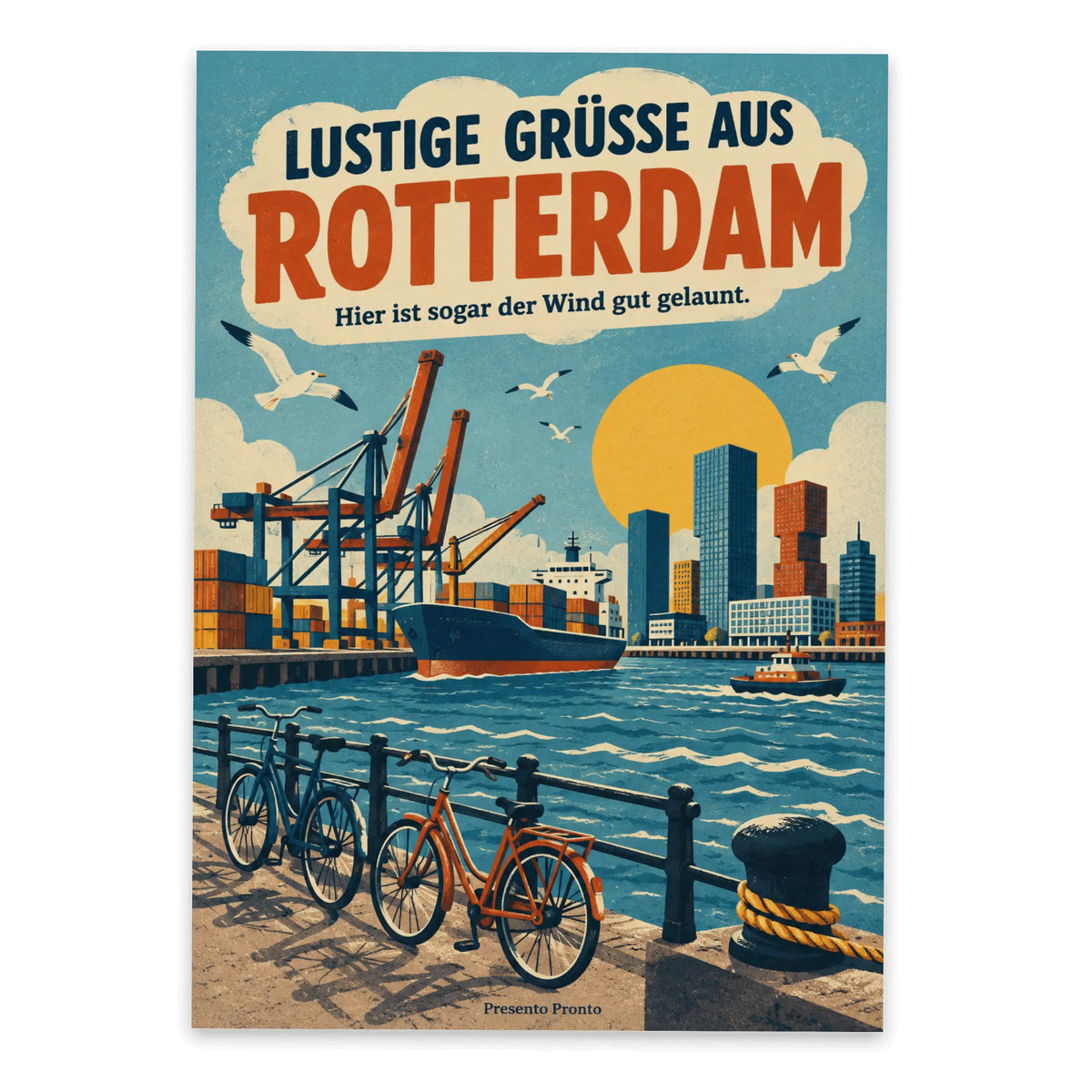 Lustige Grüße aus Rotterdam Postkarte mit Hafenkränen