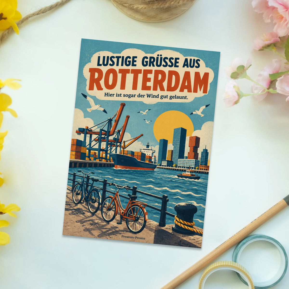Lustige Grüße aus Rotterdam Postkarte mit Hafenkränen
