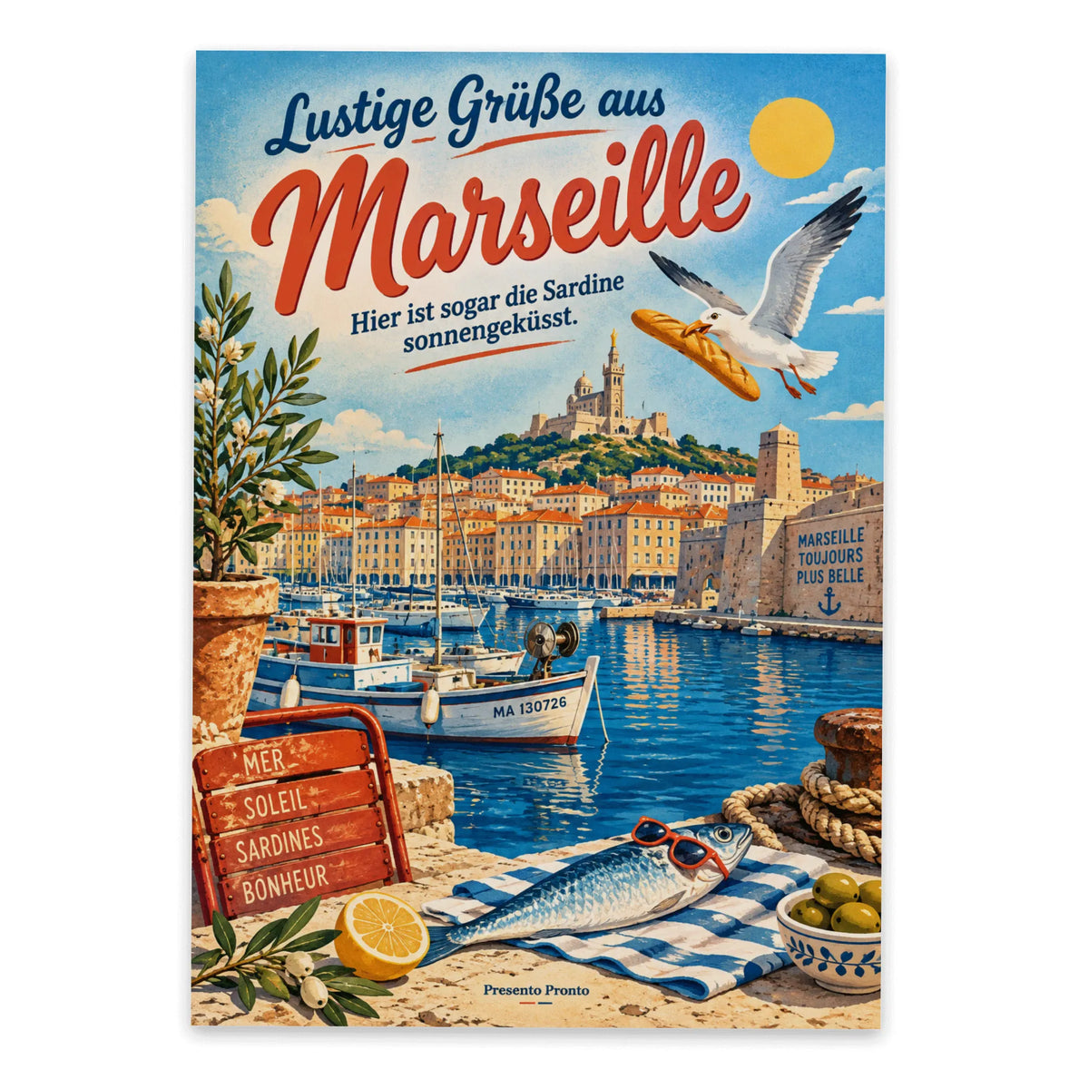 Lustige Postkarte Grüße aus Marseille mit Sardine