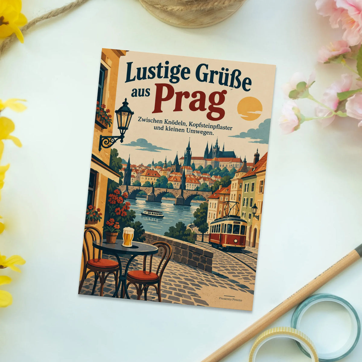 Lustige Grüße aus Prag Postkarte mit Straßenbahn