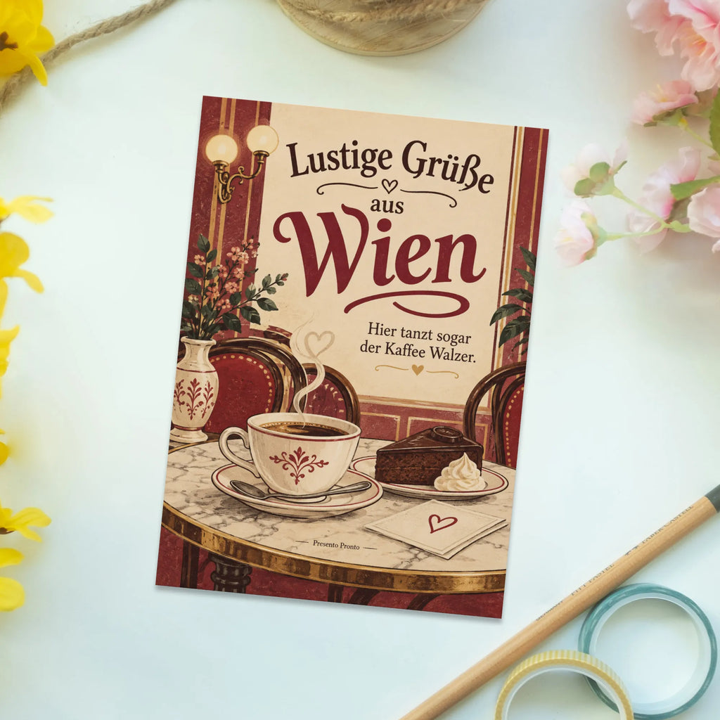 Lustige Grüße aus Wien Postkarte mit Kaffeetasse|p:2023564|h:04100e7f60da60ffec14643c01e5b579