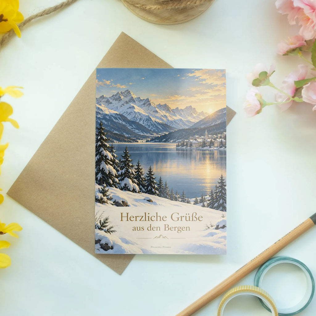 Elegante St. Moritz Grußkarte mit winterlichem Bergsee|p:2023568|h:a84c4067f2236f183e774845a868234a