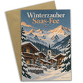 Stimmungsvolle Grußkarte aus Saas-Fee mit verschneiten Chalets