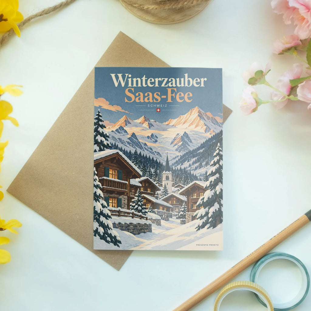 Stimmungsvolle Grußkarte aus Saas-Fee mit verschneiten Chalets|p:2023569|h:c989e6fa6e5ecad8edaf3ca9a25333f8
