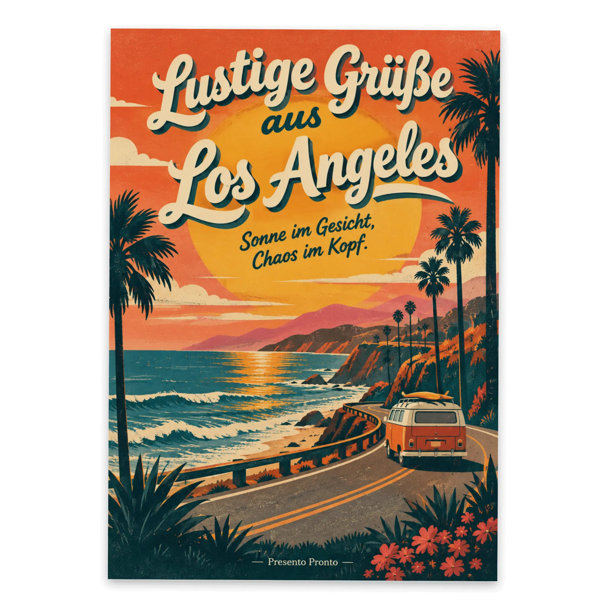 Lustige Grüße aus Los Angeles Postkarte mit Retro Sonnenuntergang