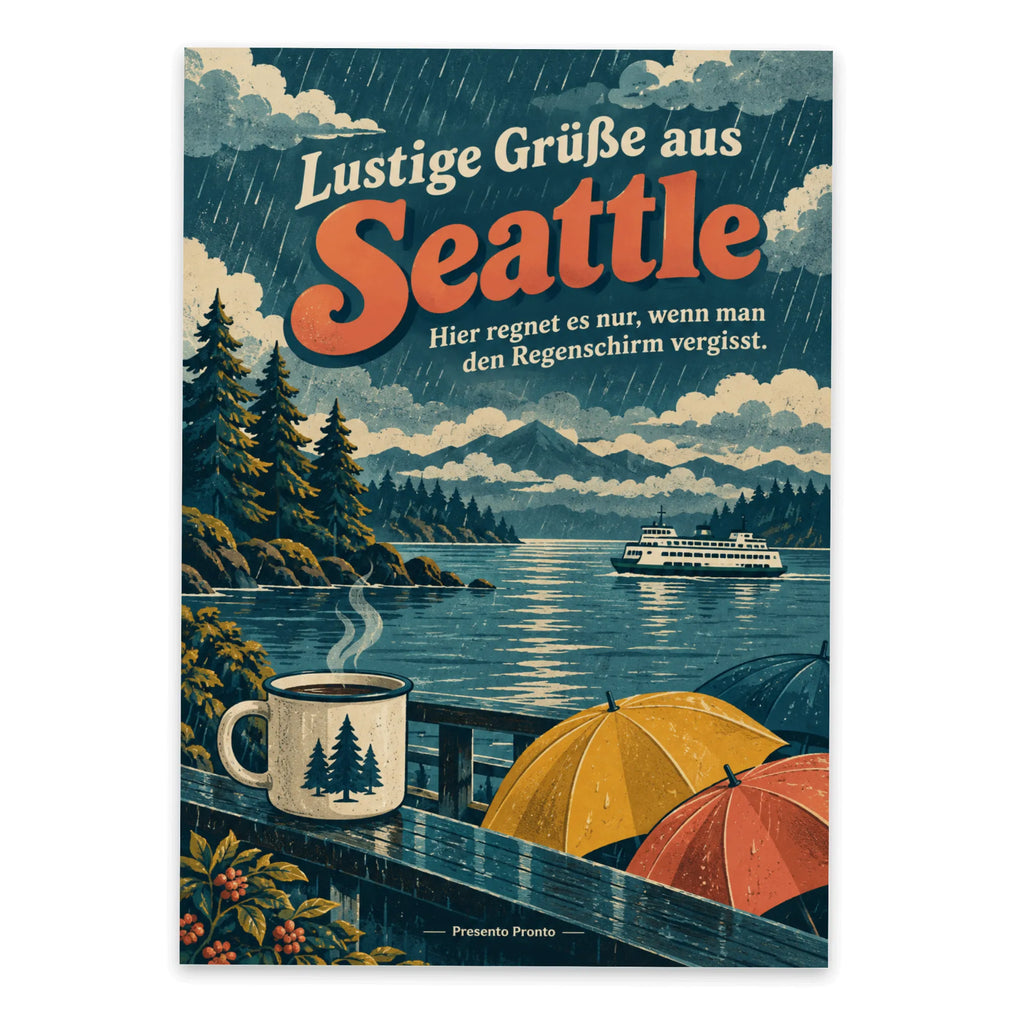 Lustige Grüße aus Seattle Postkarte mit Fähre im Regen|p:2023593|h:3ebd109c2d484375a1a303ab8fde11d6