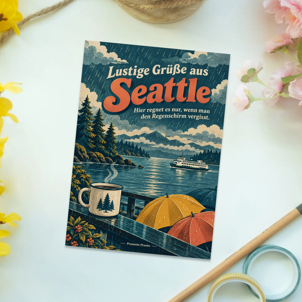 Lustige Grüße aus Seattle Postkarte mit Fähre im Regen