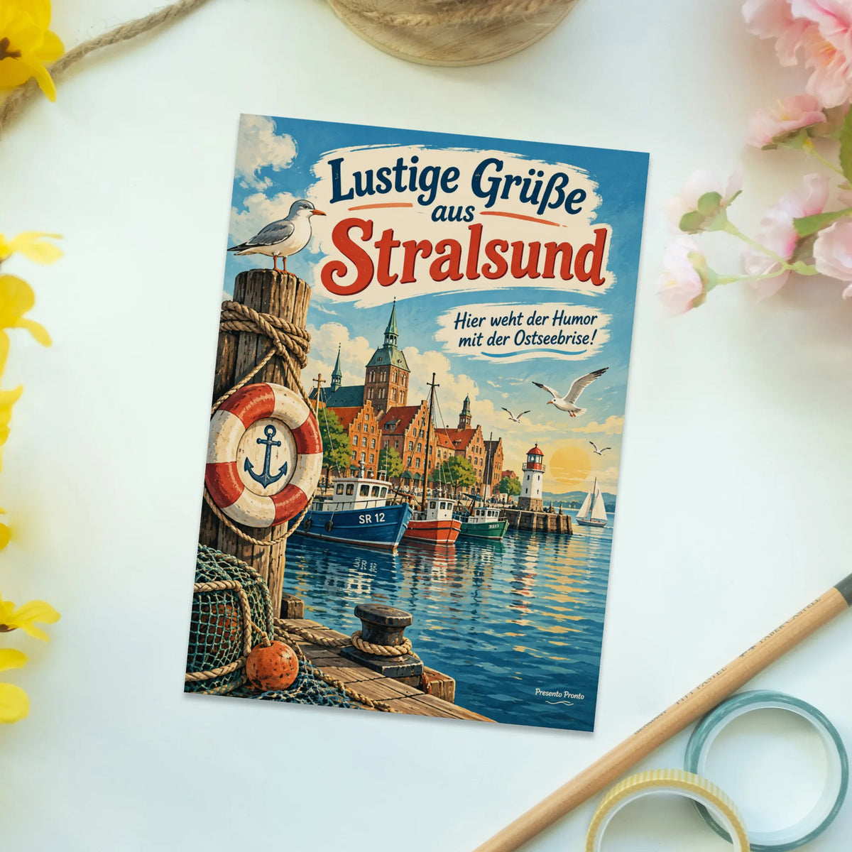 Lustige Grüße aus Stralsund Postkarte mit Hafen