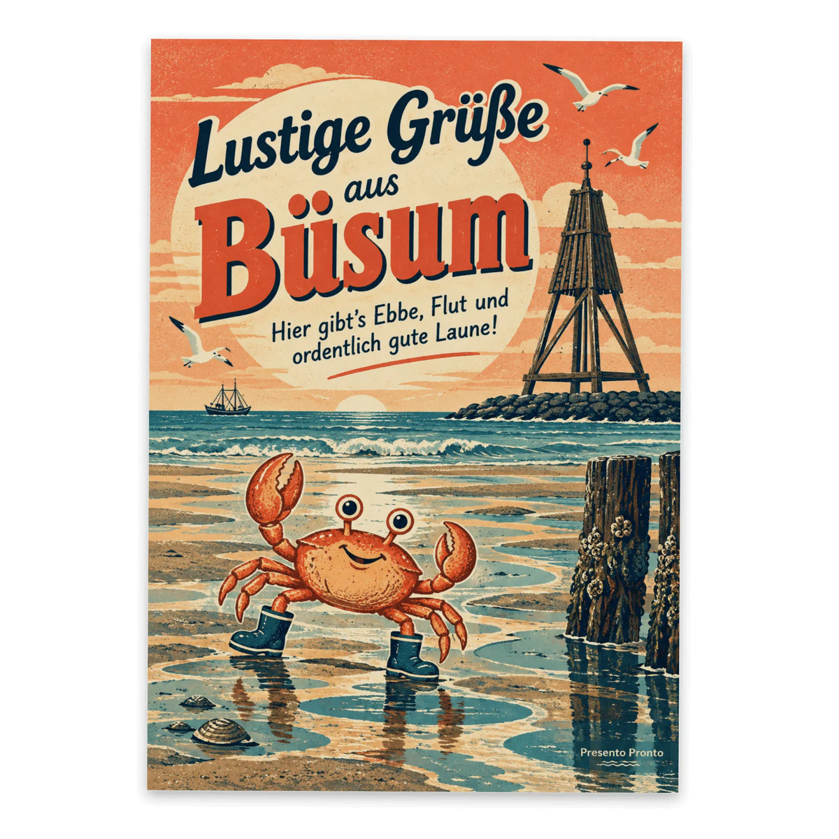 Lustige Postkarte Grüße aus Büsum mit Krabbe in Gummistiefeln