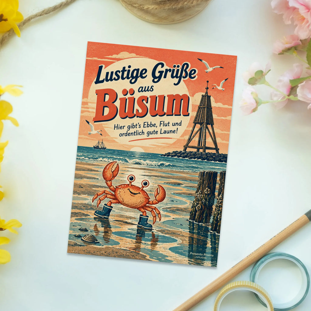 Lustige Postkarte Grüße aus Büsum mit Krabbe in Gummistiefeln|p:2023602|h:fd06bbcdc717c179d74493d2c9b19c5f