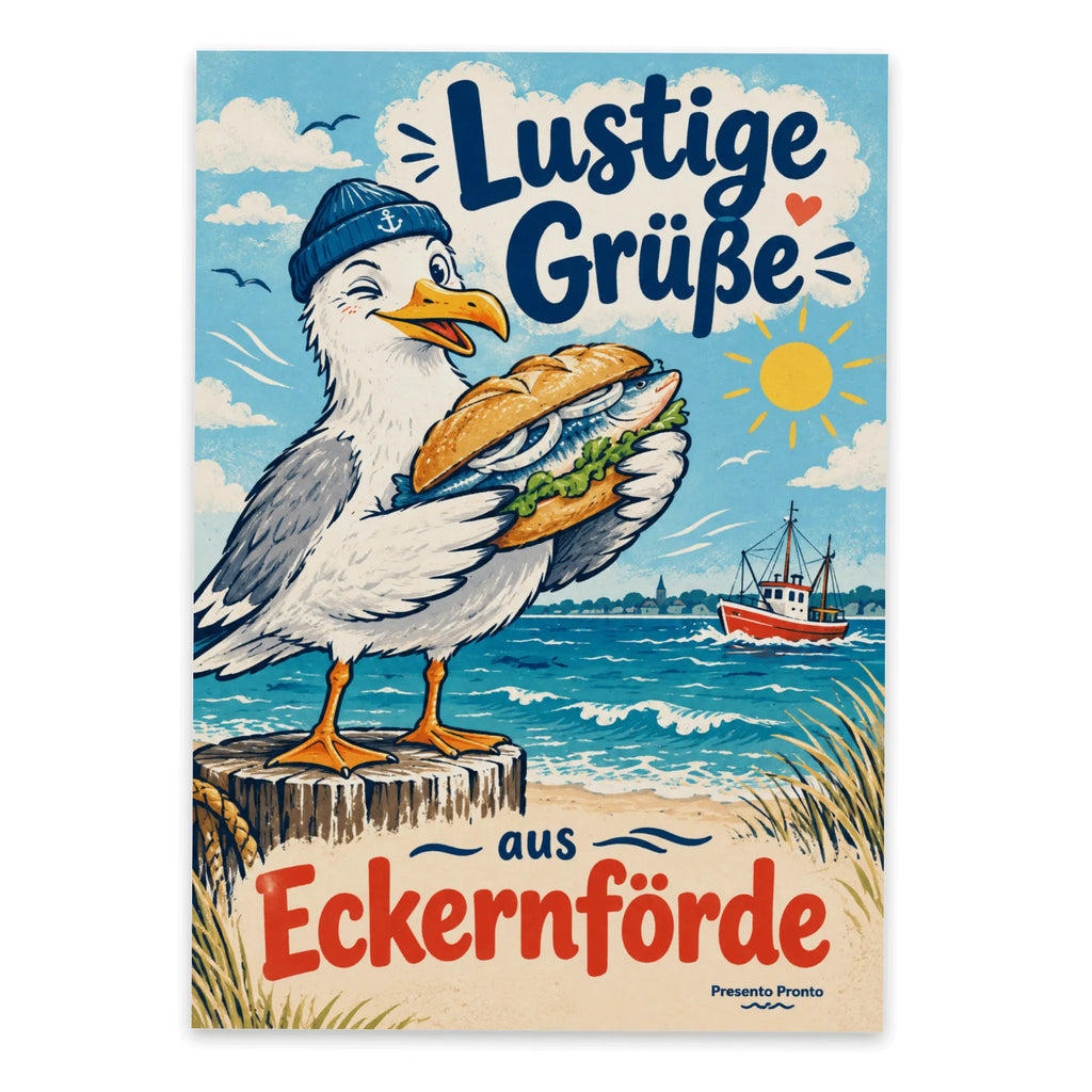 Lustige Grüße aus Eckernförde Postkarte mit Möwe|p:2023603|h:f0ea8a1cb0a1e9f7f189d6533af0c5e3