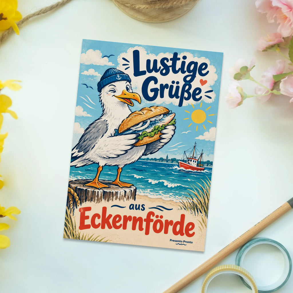 Lustige Grüße aus Eckernförde Postkarte mit Möwe|p:2023603|h:120c46bf39d1e92efea23ebdce2593a6