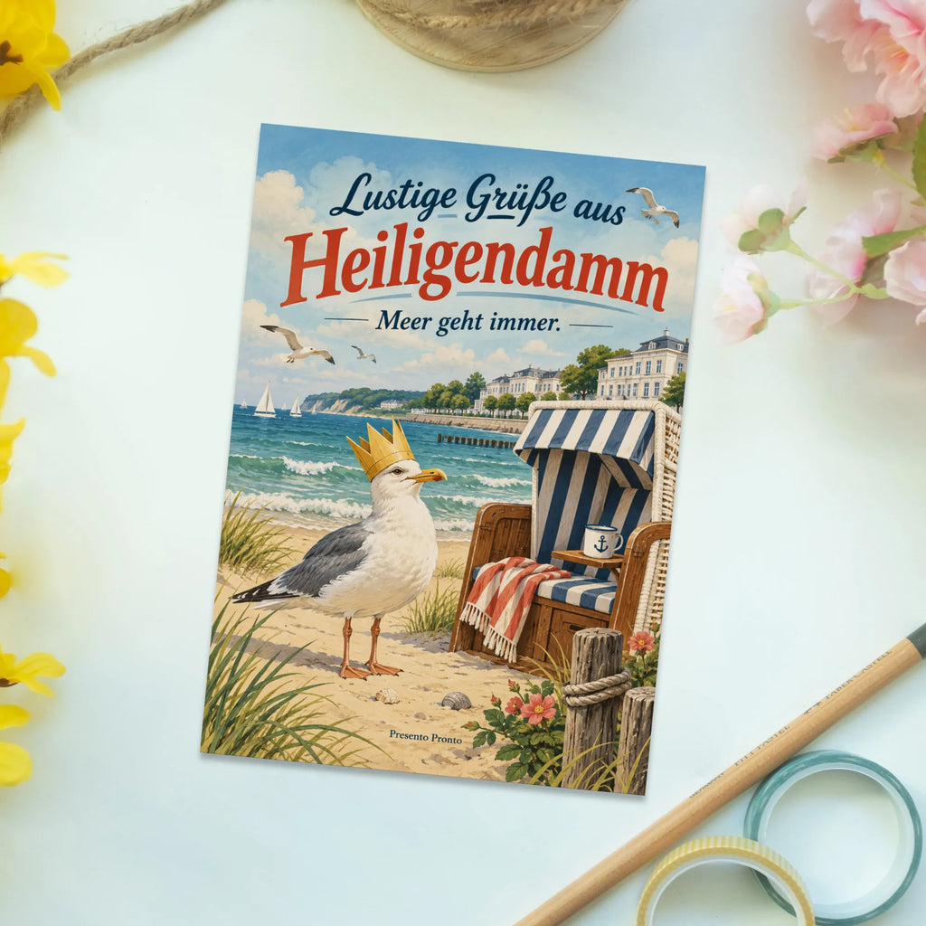 Lustige Postkarte Grüße aus Heiligendamm mit Möwe|p:2023604|h:c6236f1f0f7f794460a22bc0ca8f892e