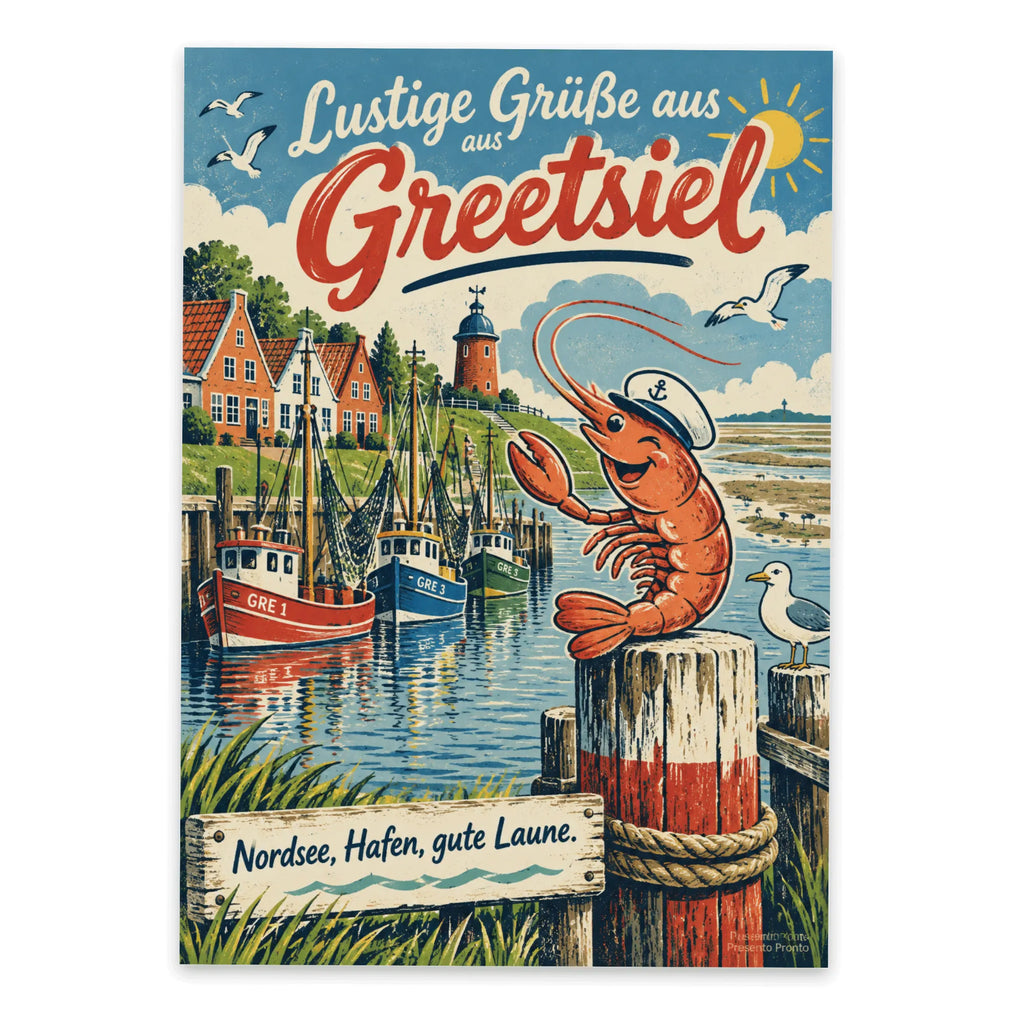 Lustige Grüße aus Greetsiel Postkarte mit Garnele|p:2023605|h:39ae5fd61e7b9c8f36699029f73d7d35