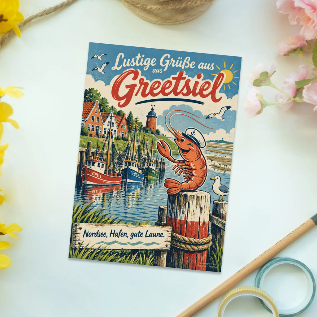 Lustige Grüße aus Greetsiel Postkarte mit Garnele|p:2023605|h:70bb7199c2bb33aaed464011dc4944ef
