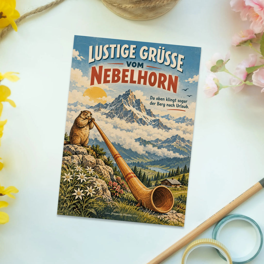 Lustige Grüße vom Nebelhorn Postkarte für Bergurlaub|p:2023608|h:6781d04679eb04799c35f8f6a348892a