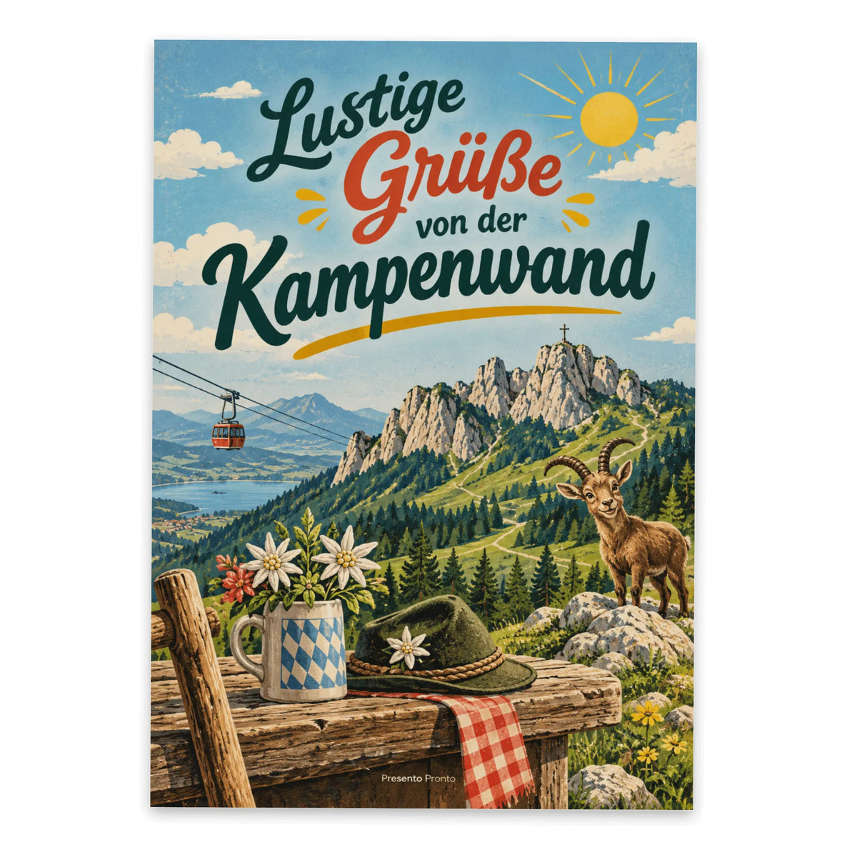 Lustige Grüße von der Kampenwand Postkarte mit Seilbahn