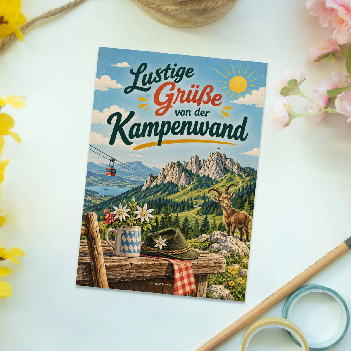 Lustige Grüße von der Kampenwand Postkarte mit Seilbahn