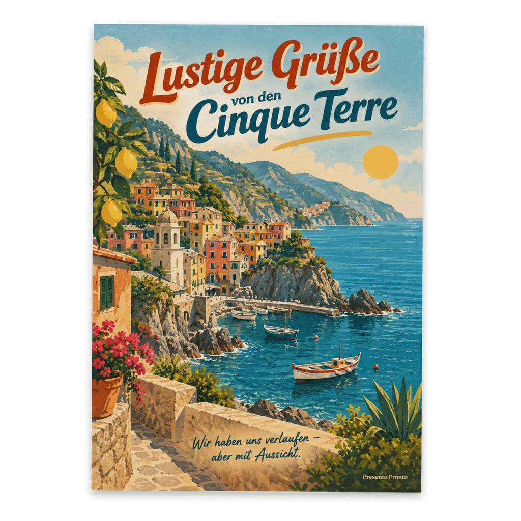 Lustige Grüße aus den Cinque Terre Postkarte mit Fischerbooten|p:2023621|h:332089d84c6bb73ea784d3400d849629