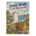 Lustige Grüße aus der Normandie Postkarte mit Möwe im Matrosenhut