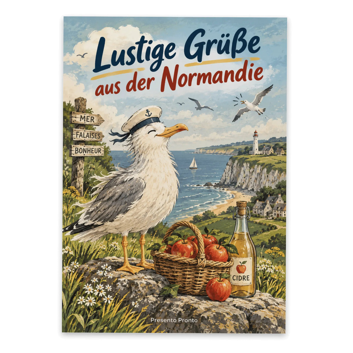 Lustige Grüße aus der Normandie Postkarte mit Möwe im Matrosenhut