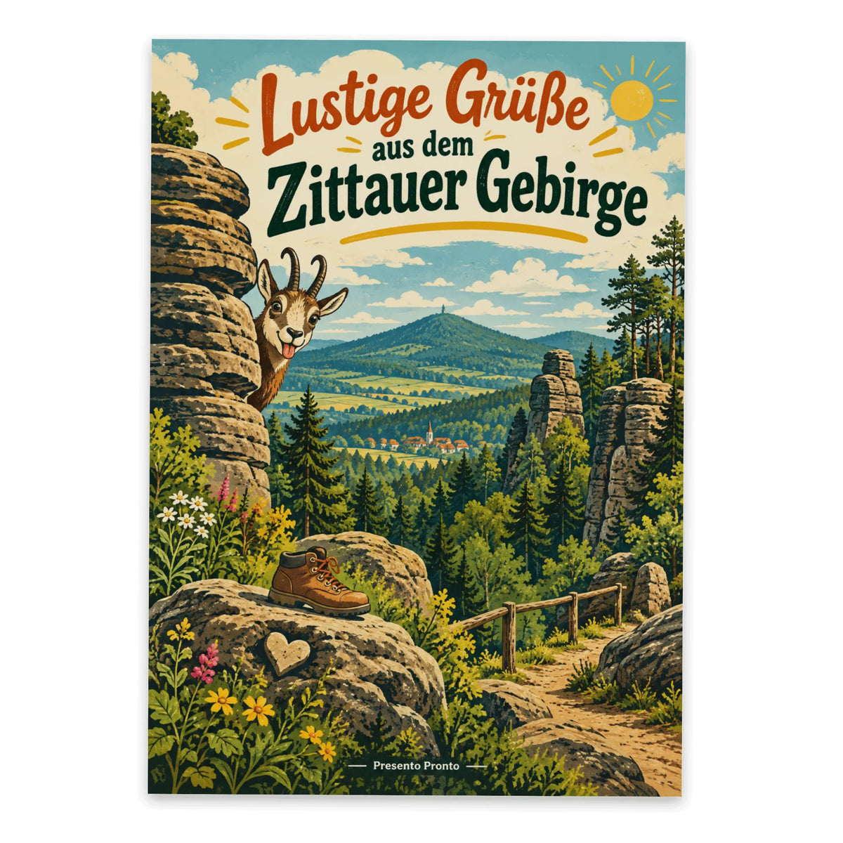 Lustige Grüße aus dem Zittauer Gebirge Postkarte mit Sandsteinfelsen