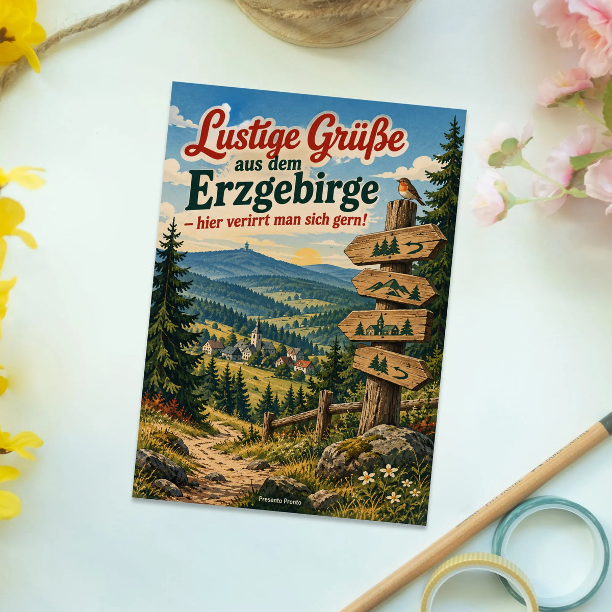 Lustige Grüße aus dem Erzgebirge Postkarte mit Wegweiser