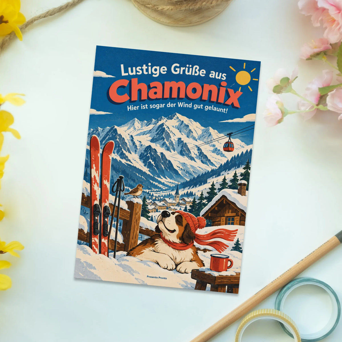 Lustige Grüße aus Chamonix Postkarte mit Seilbahn