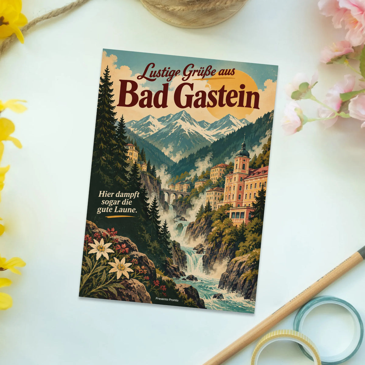 Lustige Grüße aus Bad Gastein Postkarte mit Thermalbach