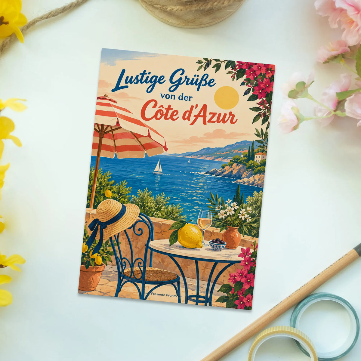 Lustige Urlaubspostkarte Grüße von der Côte d'Azur mit Zitrone