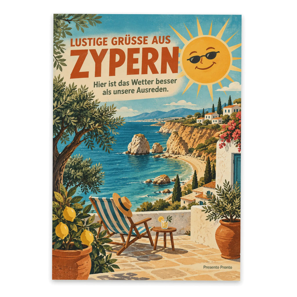 Lustige Grüße aus Zypern Postkarte mit Küstenlandschaft|p:2023662|h:36437dc16ee5a4b77ec236655cd402fe