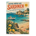 Lustige Grüße aus Sardinien Postkarte mit Strand und Boot